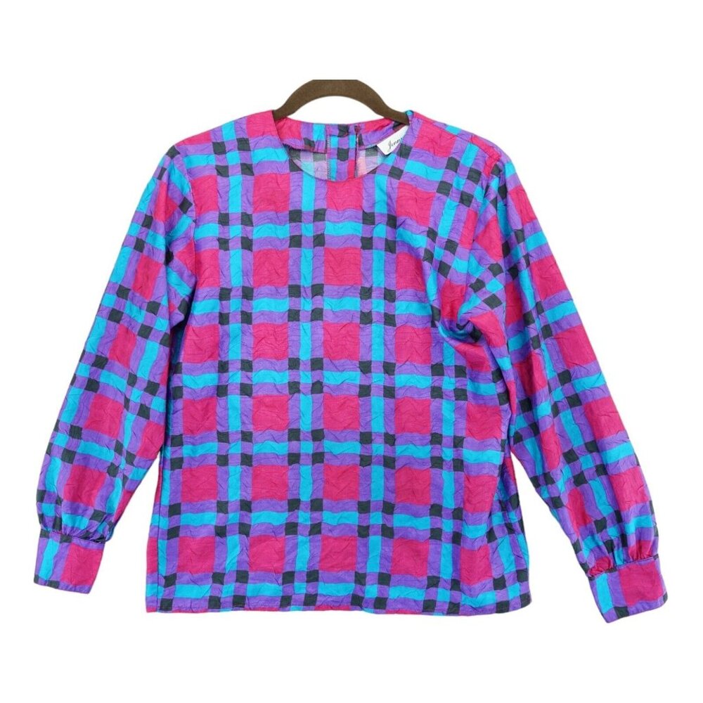 Vintage 80's JENNY B Bright Plaid‎ Long Sleeve Blouse Size 4 Secretary Top USA
